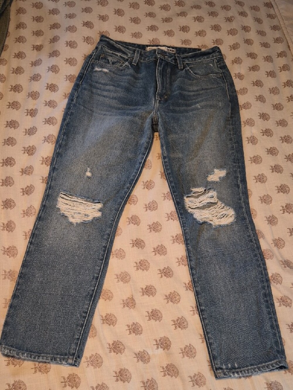 Lovers + Friends Logan Distressed Faded Blue High Rise Tapered Jeans